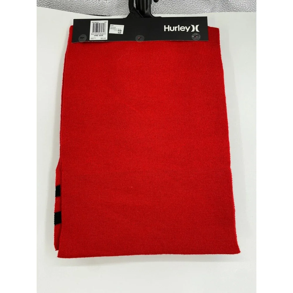 Hurley New Yorker Beanie & Scarf Set Red Black Striped Knit Winter Hat‎
